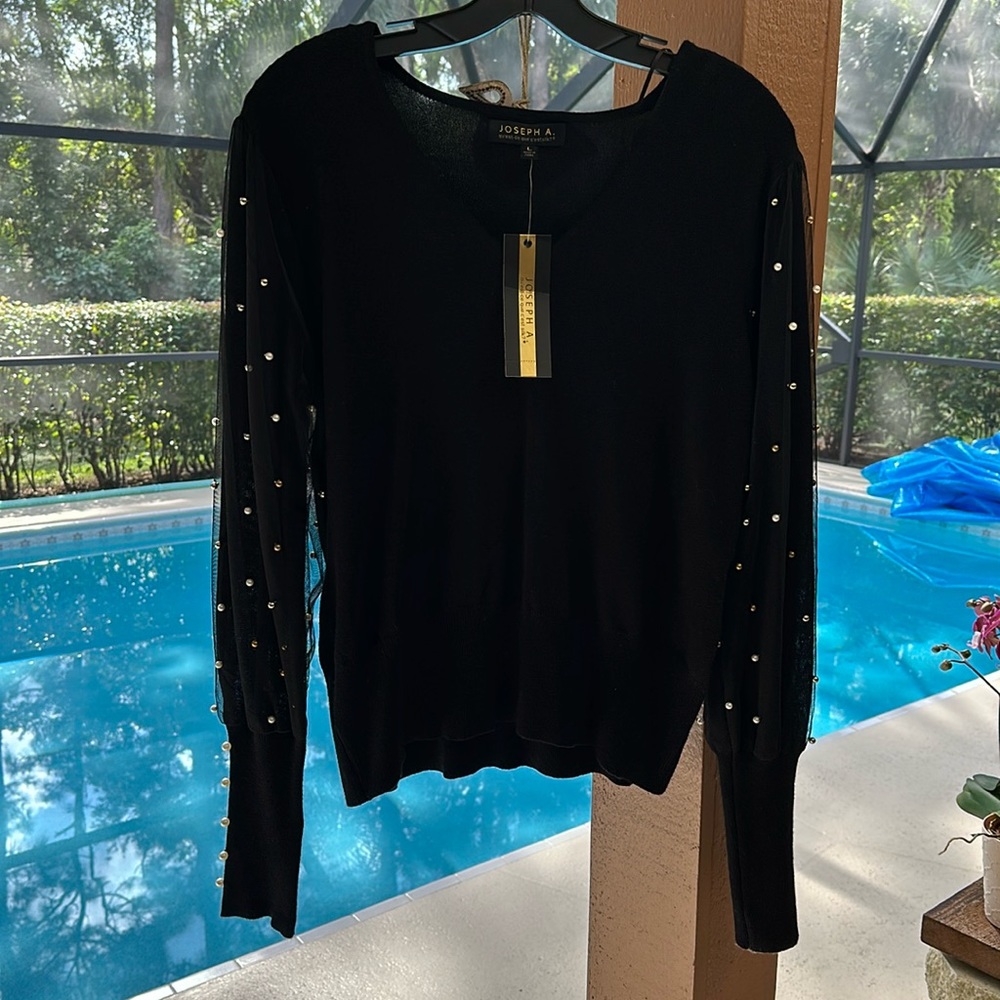 Black Joseph Abboud sweater that has pearls,silver and gold beads Size L